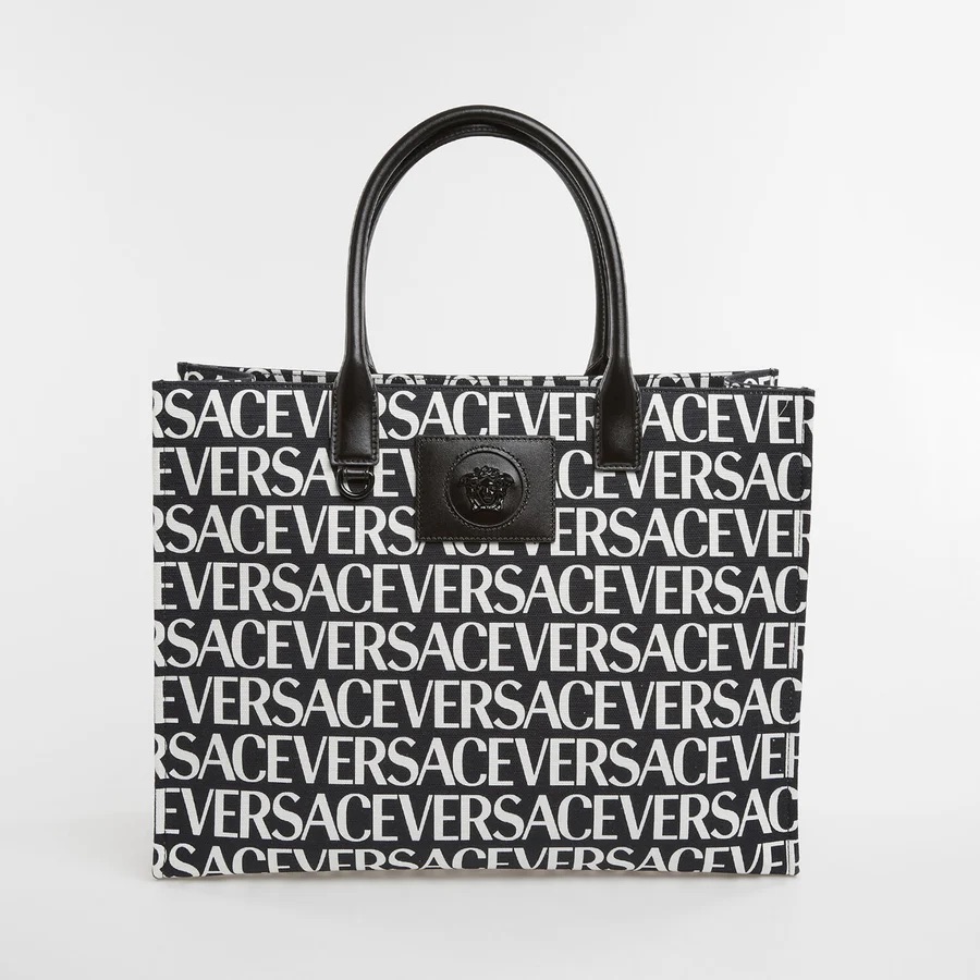 Versace Black Canvas Allover Logo Print Medusa Tote Nwt